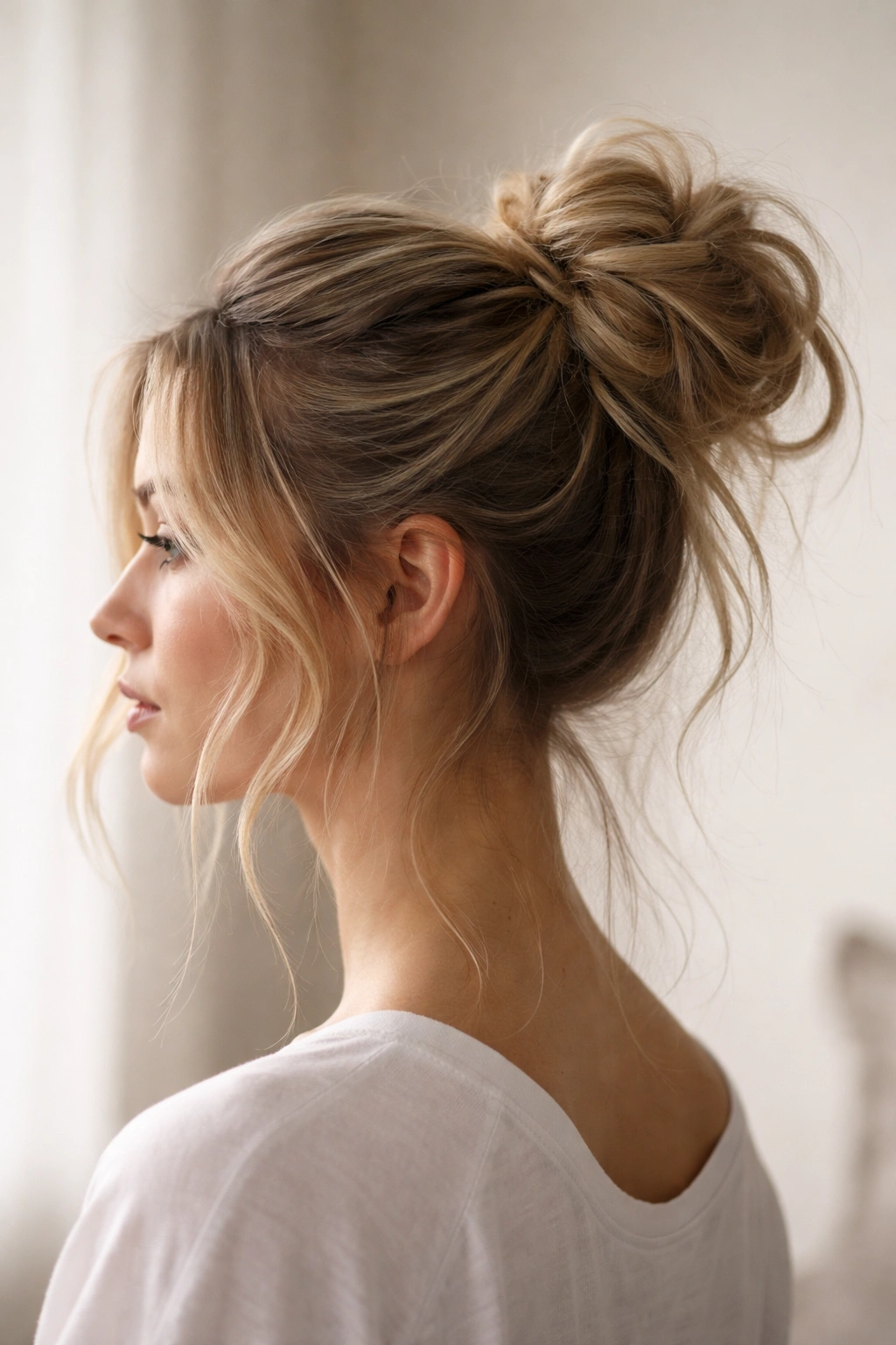 High ponytail with wispy face-framing layers twisted into a loose bun.