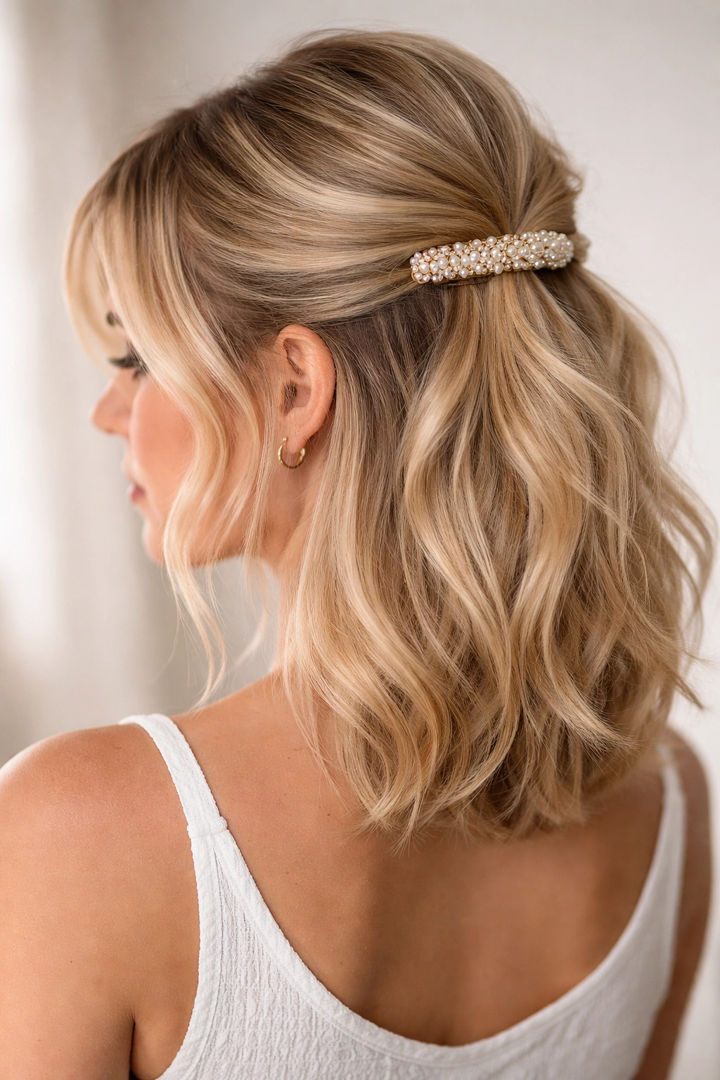 Side profile of short blonde hair with wispy pieces and a decorative barrette