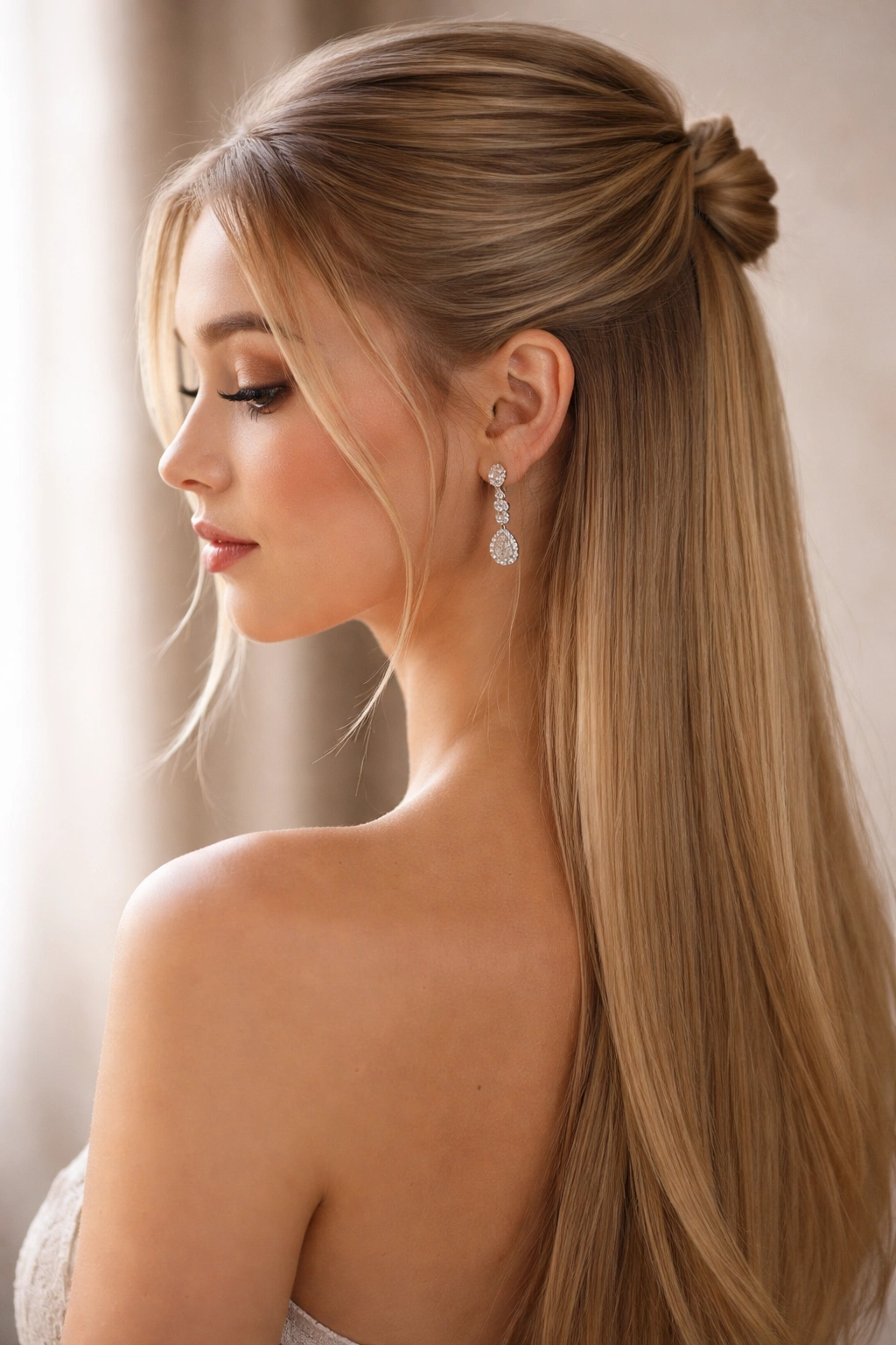 Profile view of straight hair with wispy pieces framing the face