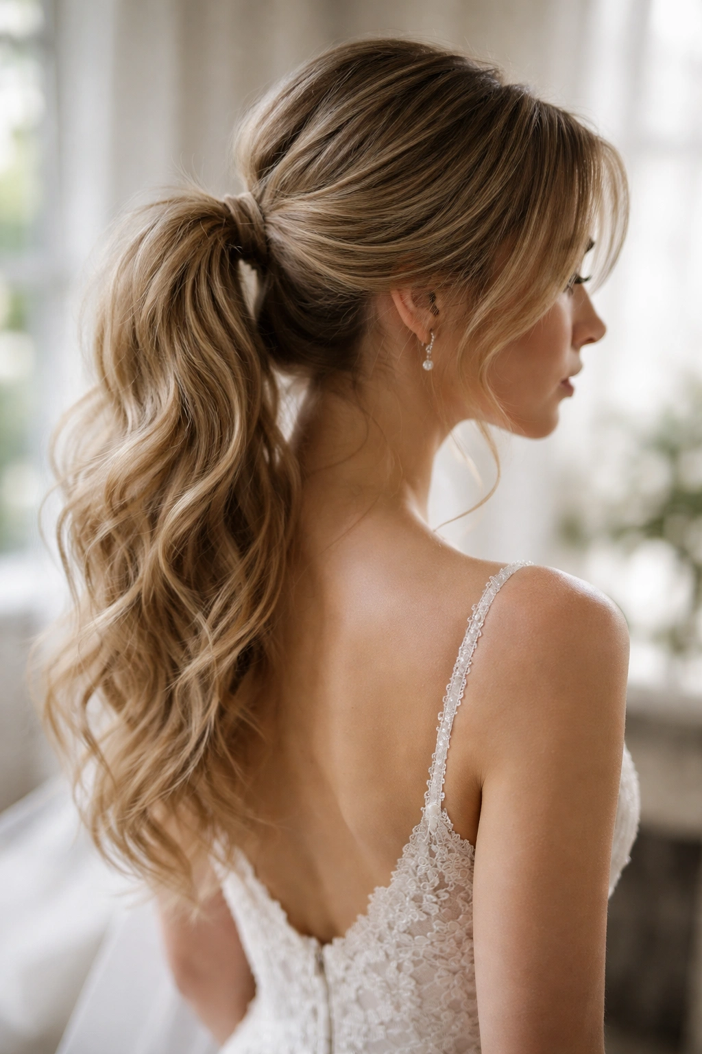 Romantic wispy ponytail with delicate face-framing wisps