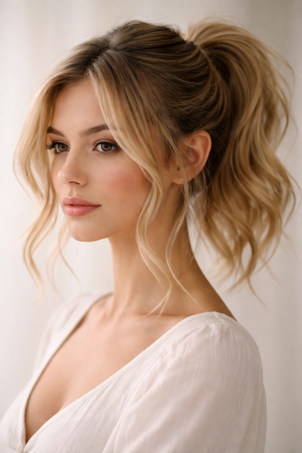 Romantic wispy ponytail with face framing strands and soft curls