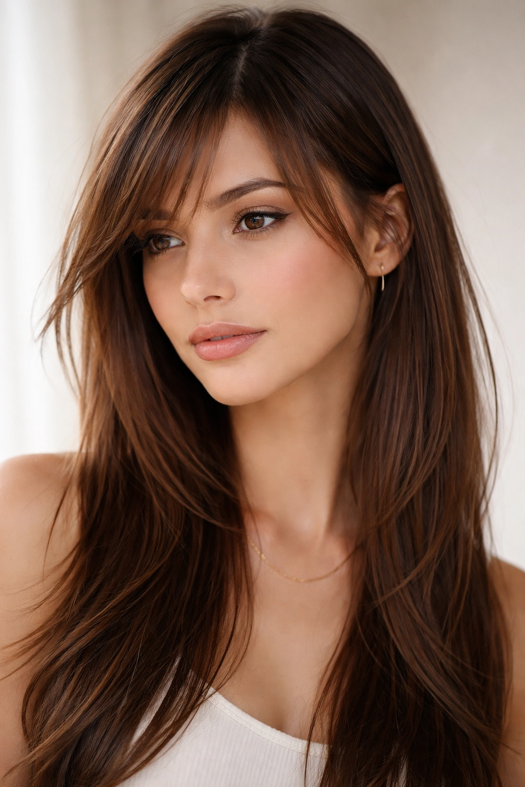 Close-up of wispy side bangs with feathered layers on straight hair