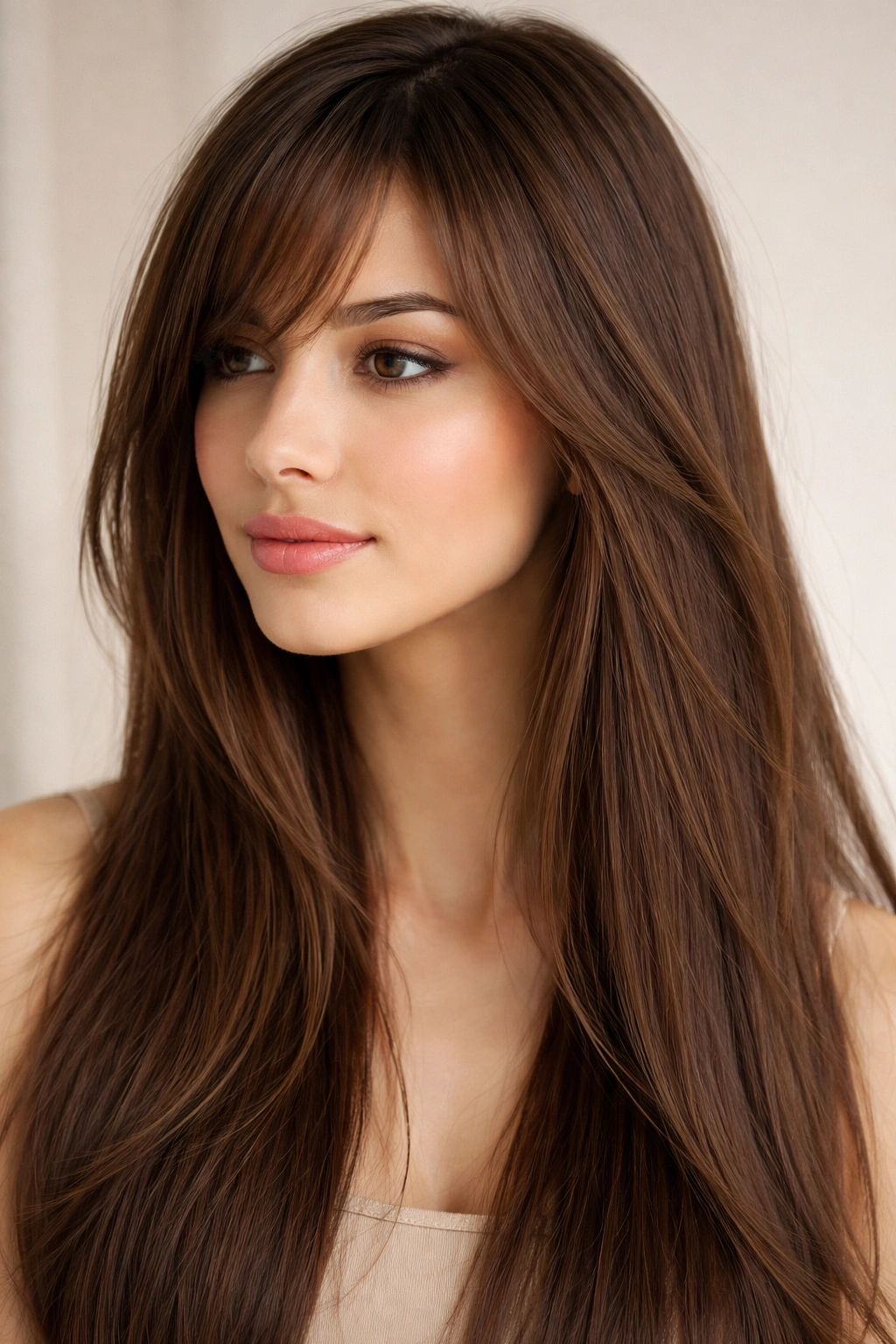 Three-quarter view of wispy side-swept bangs on straight hair