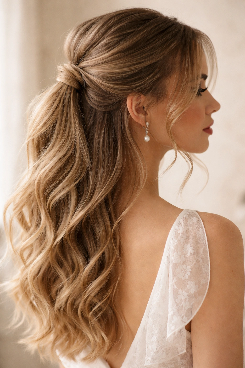 Romantic half-up hairstyle with wispy tendrils framing the face
