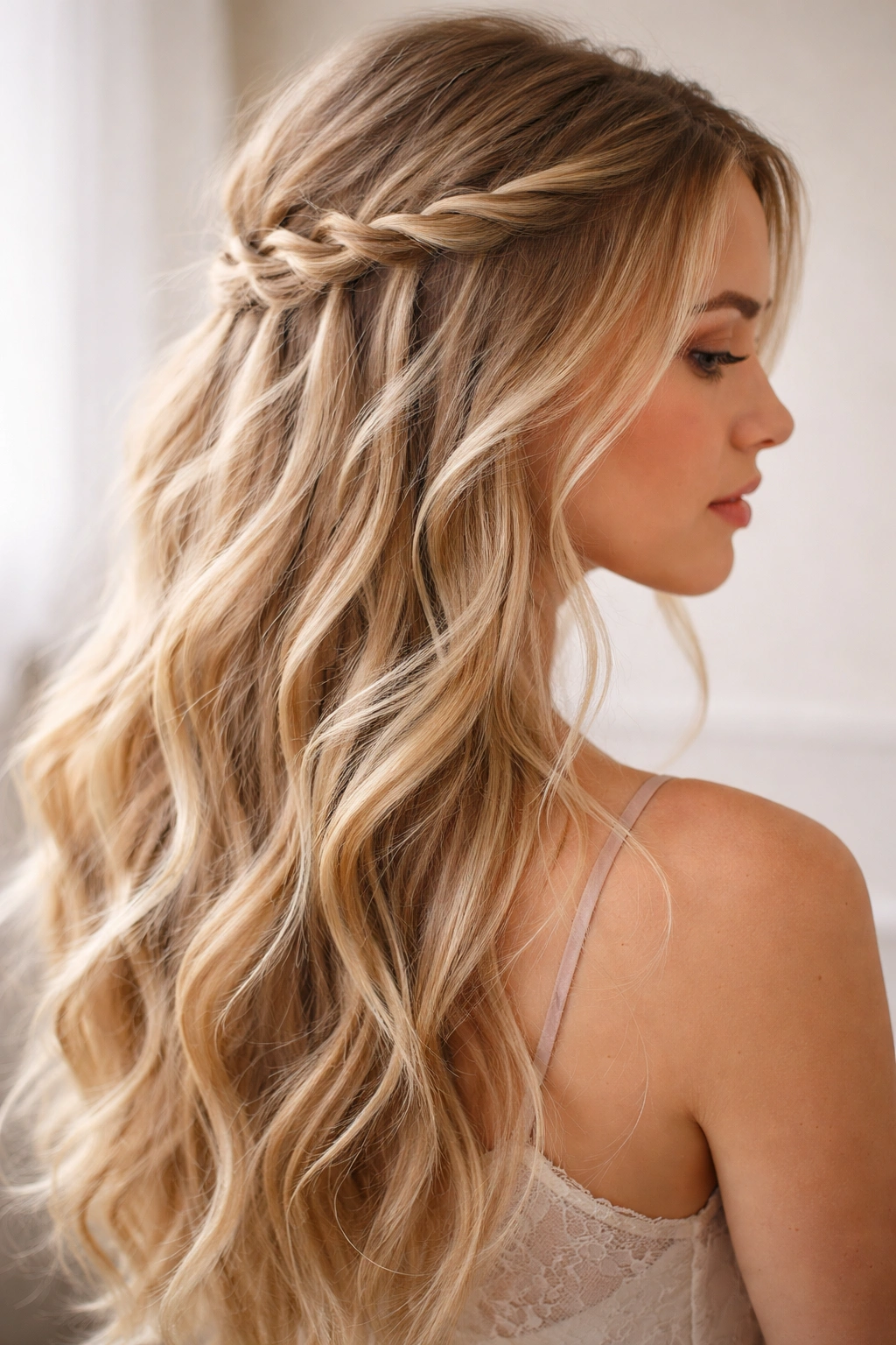 Close-up of wispy waterfall half-up hairstyle with cascading strands