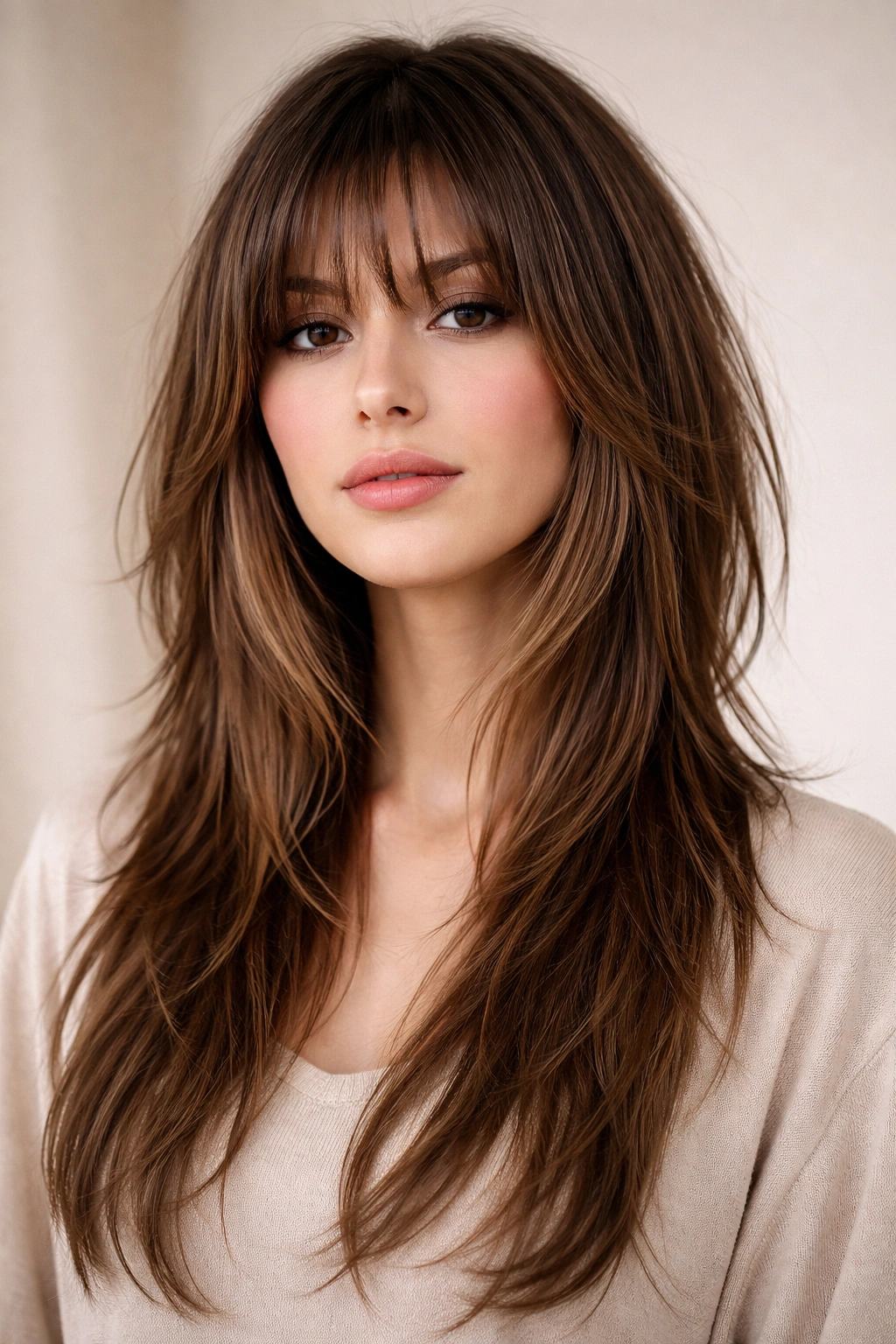 Frontal view of a wolf cut with bangs integrated into layered front for straight hair.