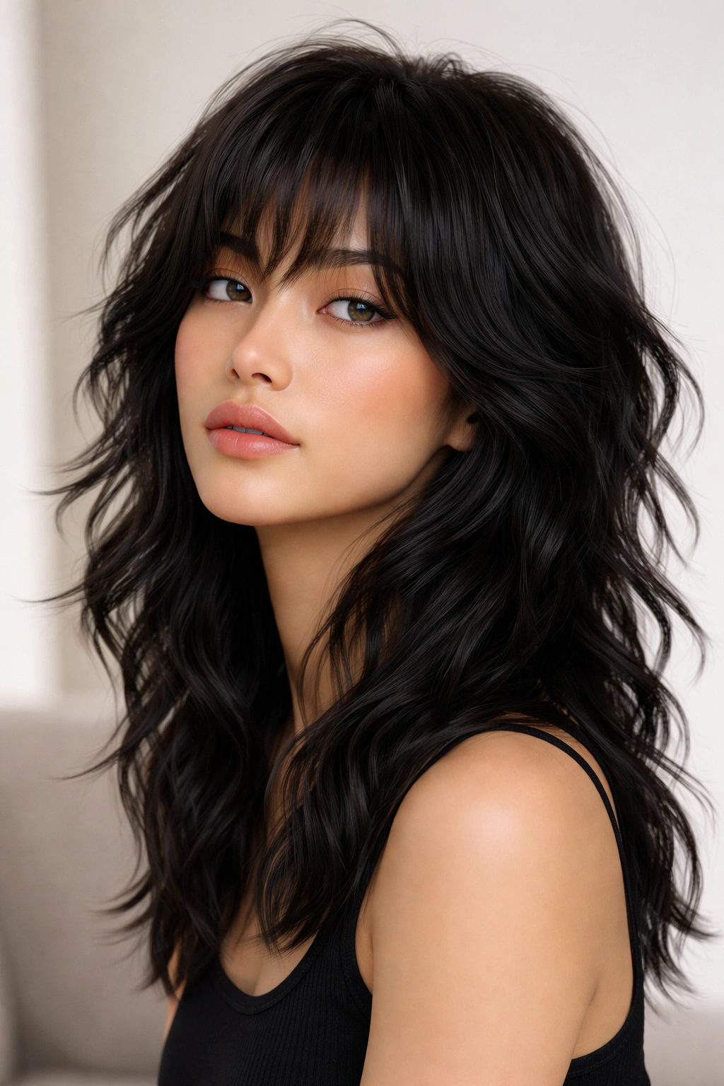 Close-up of a model with a wavy wolf cut on black hair, showing layered texture and crown volume