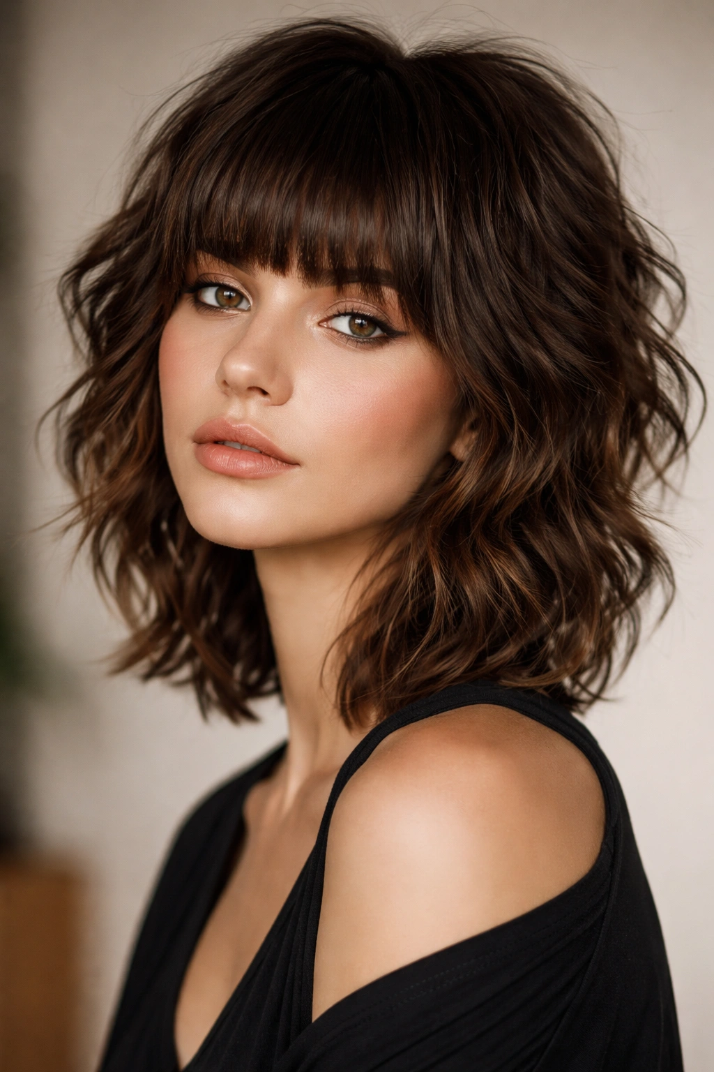 Model with short wolf cut and blunt bangs showing bold texture