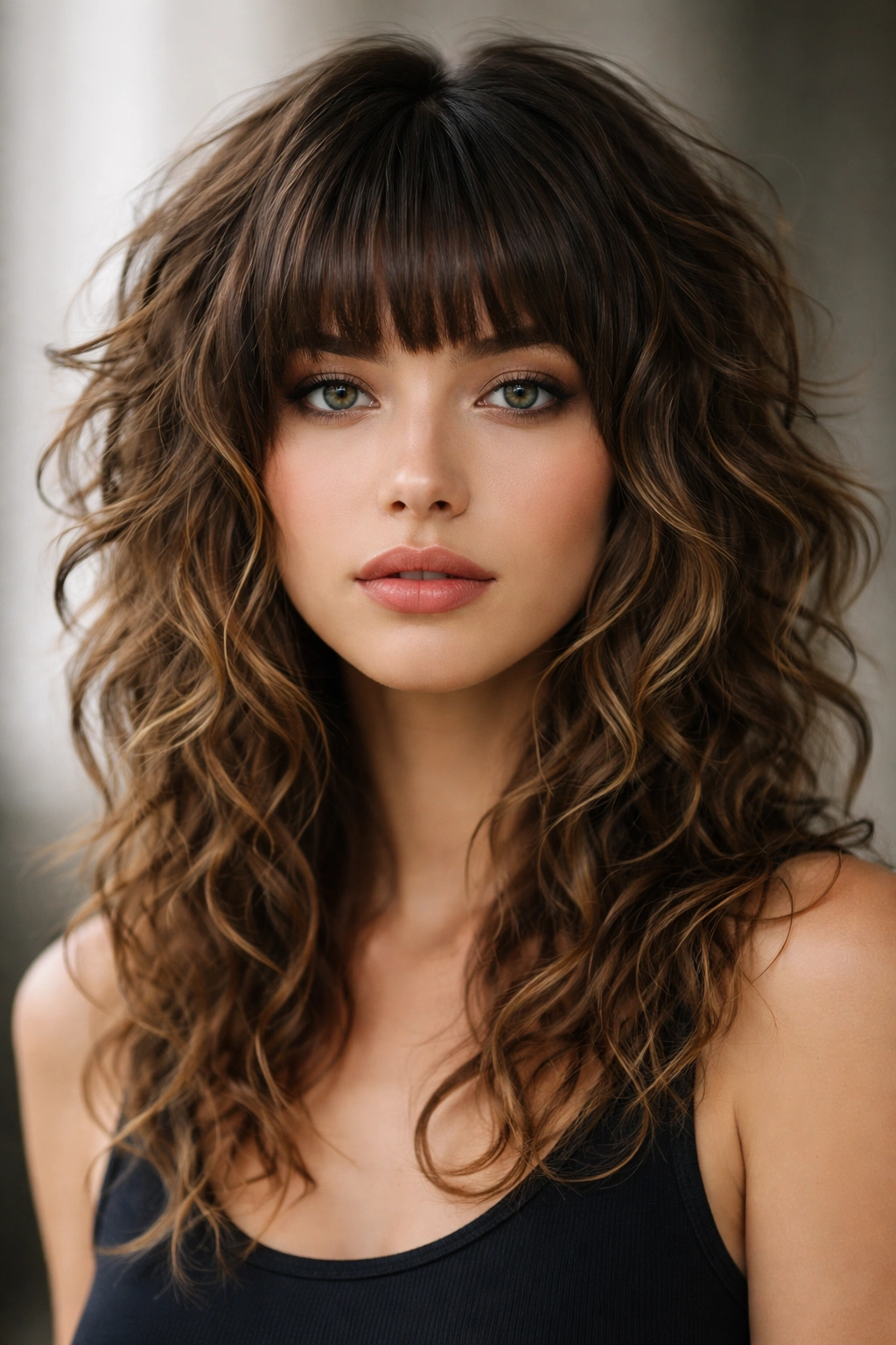 Wolf cut with blunt bangs on curly hair with textured layers