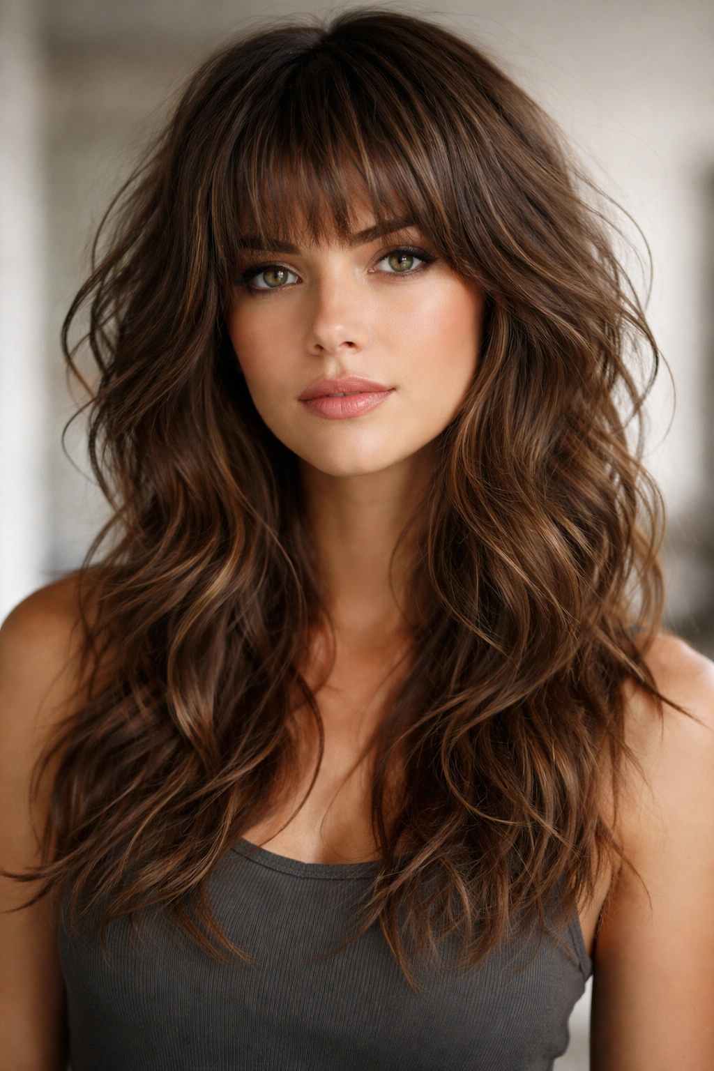 Front view of wolf cut with choppy bangs on thick wavy hair