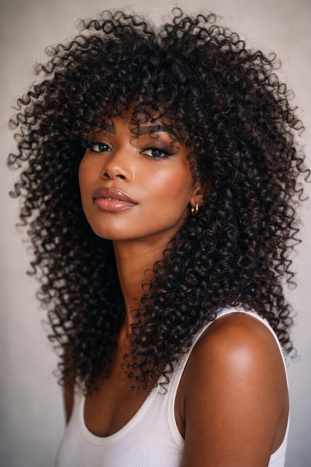 Close-up of a person with textured wolf cut, voluminous crown and layered ends in coily hair
