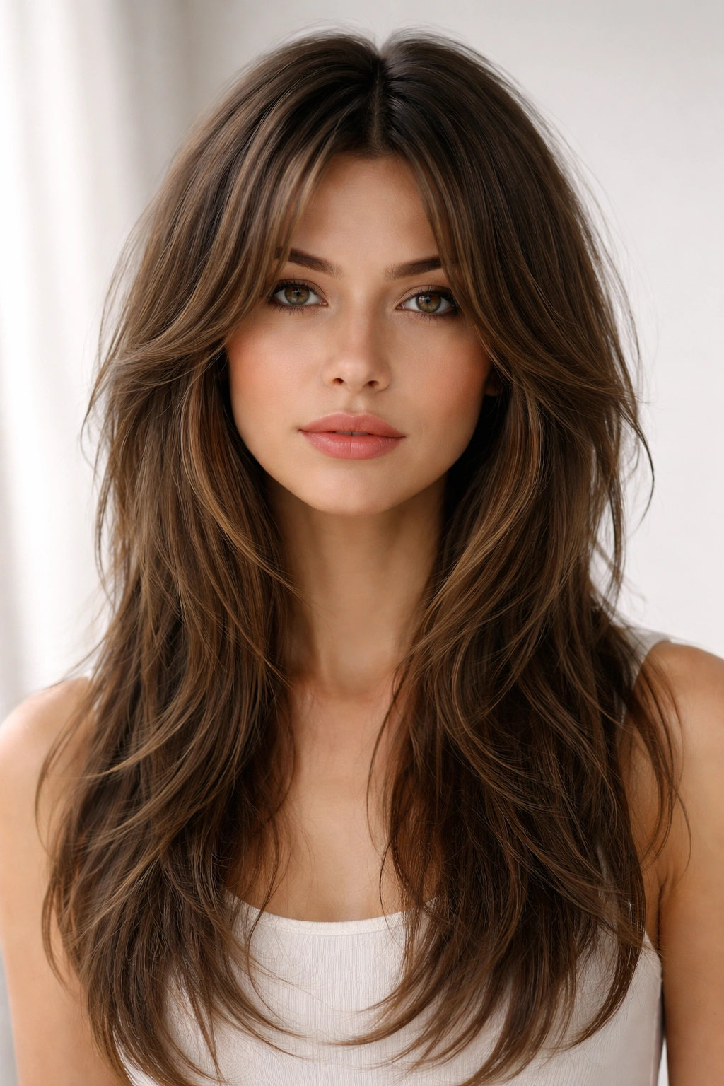 Portrait of a straight-haired person with center-parted wolf cut and curtain-like face-framing pieces