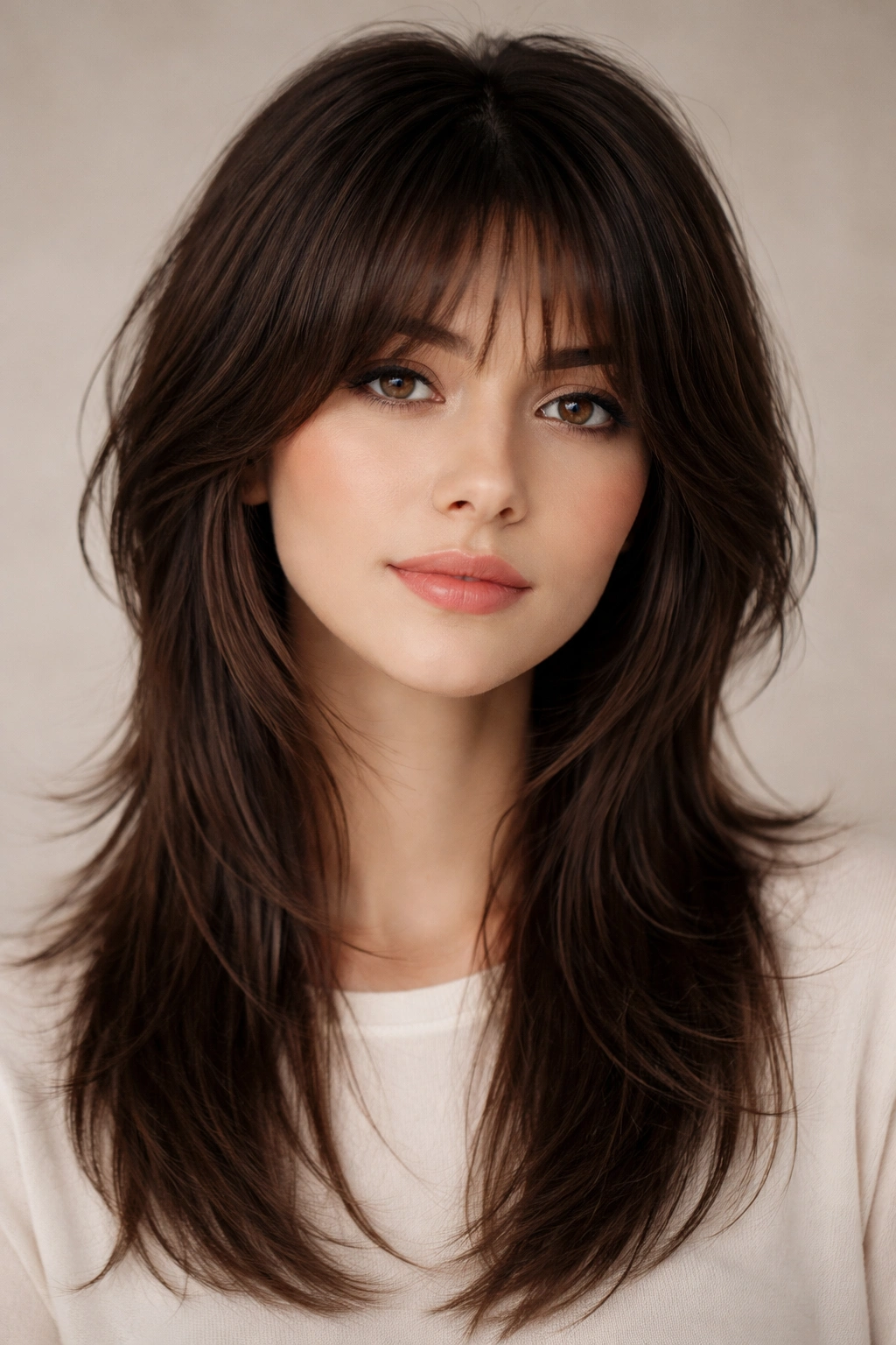 Portrait of straight hair showcasing a wolf cut with face-framing layers highlighting soft edges and crown texture