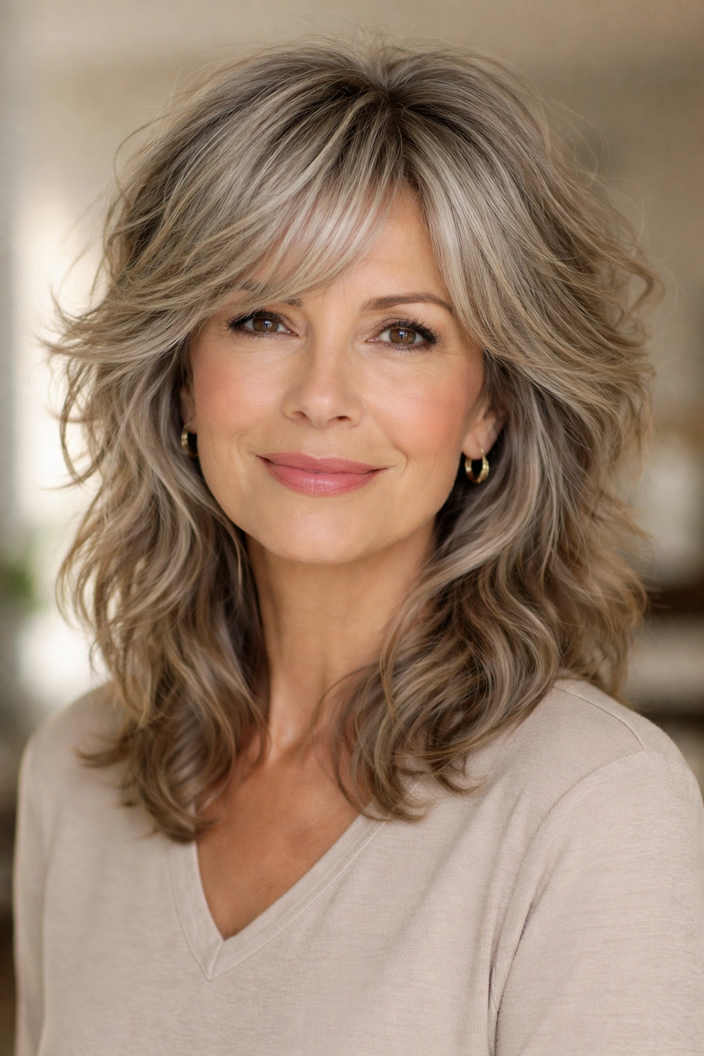 Close-up of layered wavy wolf cut showing crown layers and texture