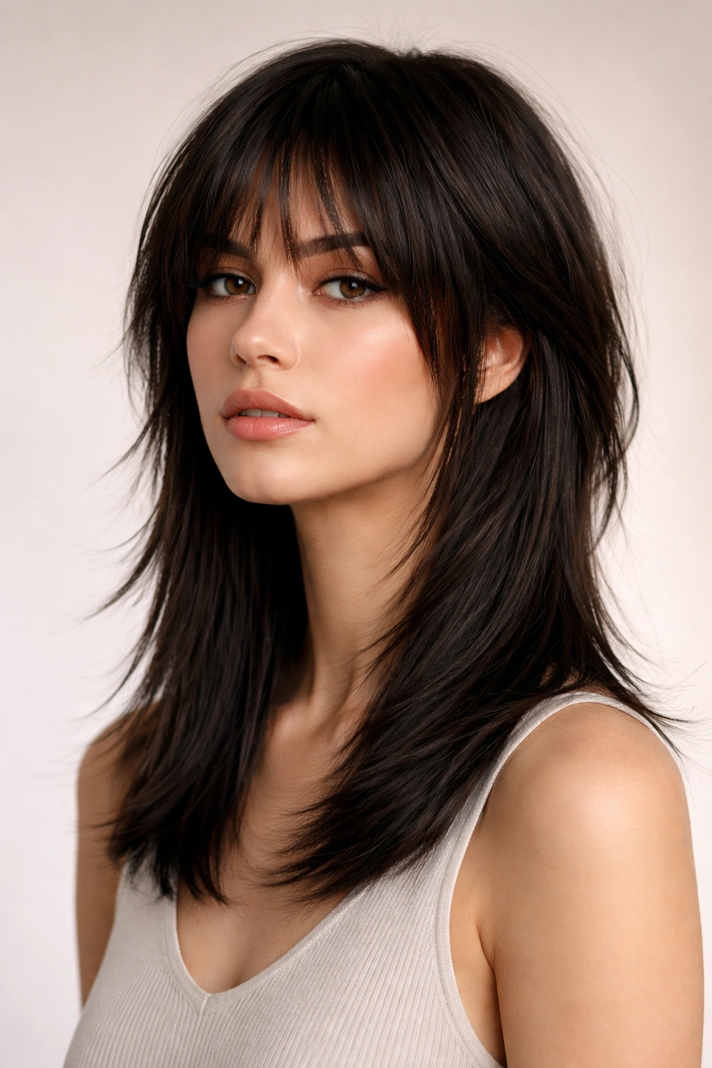 Shoulder-length wolf cut with short textured top and longer bottom on straight hair.