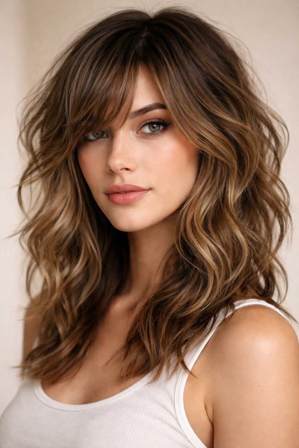 Close-up of a model's medium-length wavy hair with textured side bangs