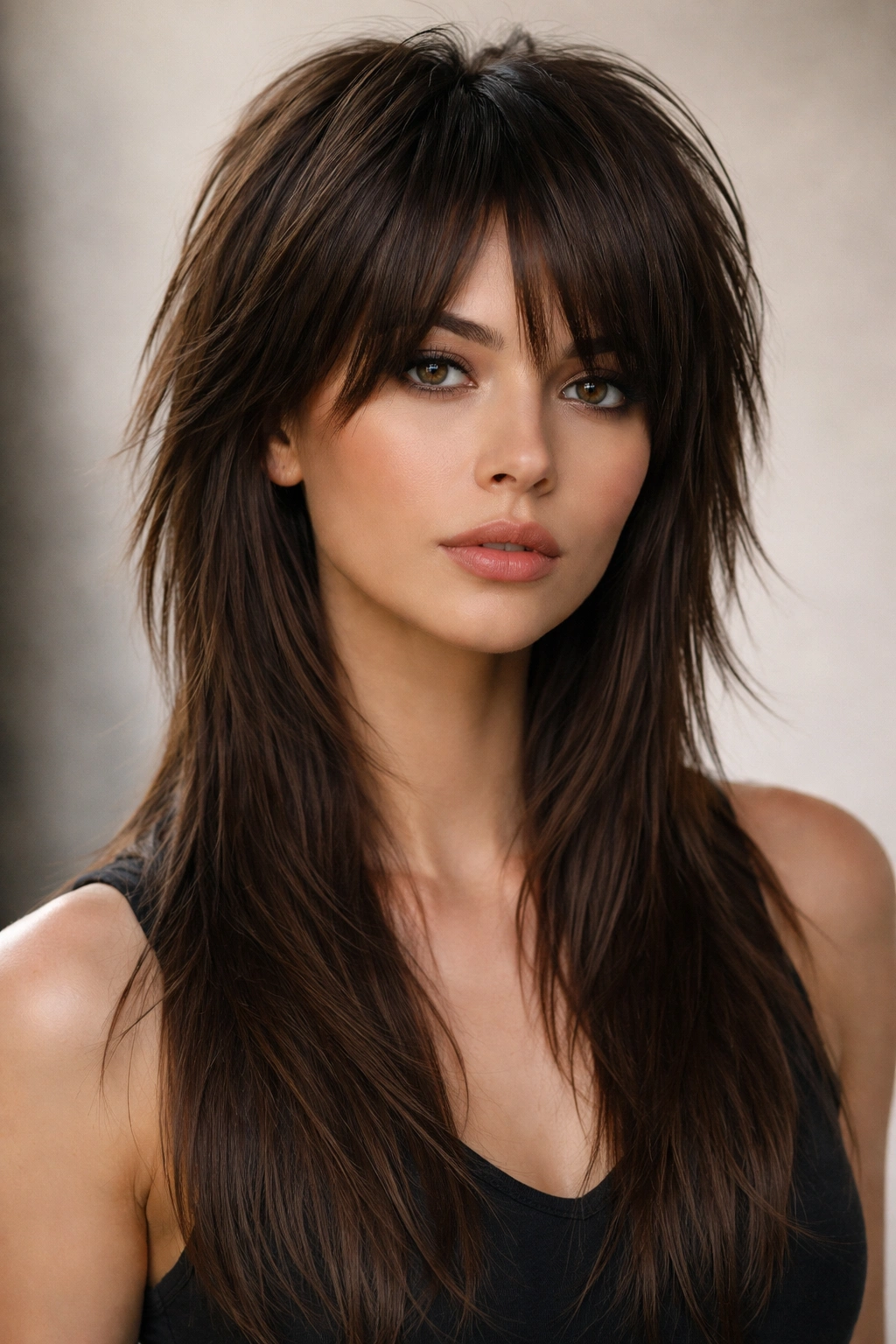 Profile view of straight hair in a wolf cut with short crown layers and longer back