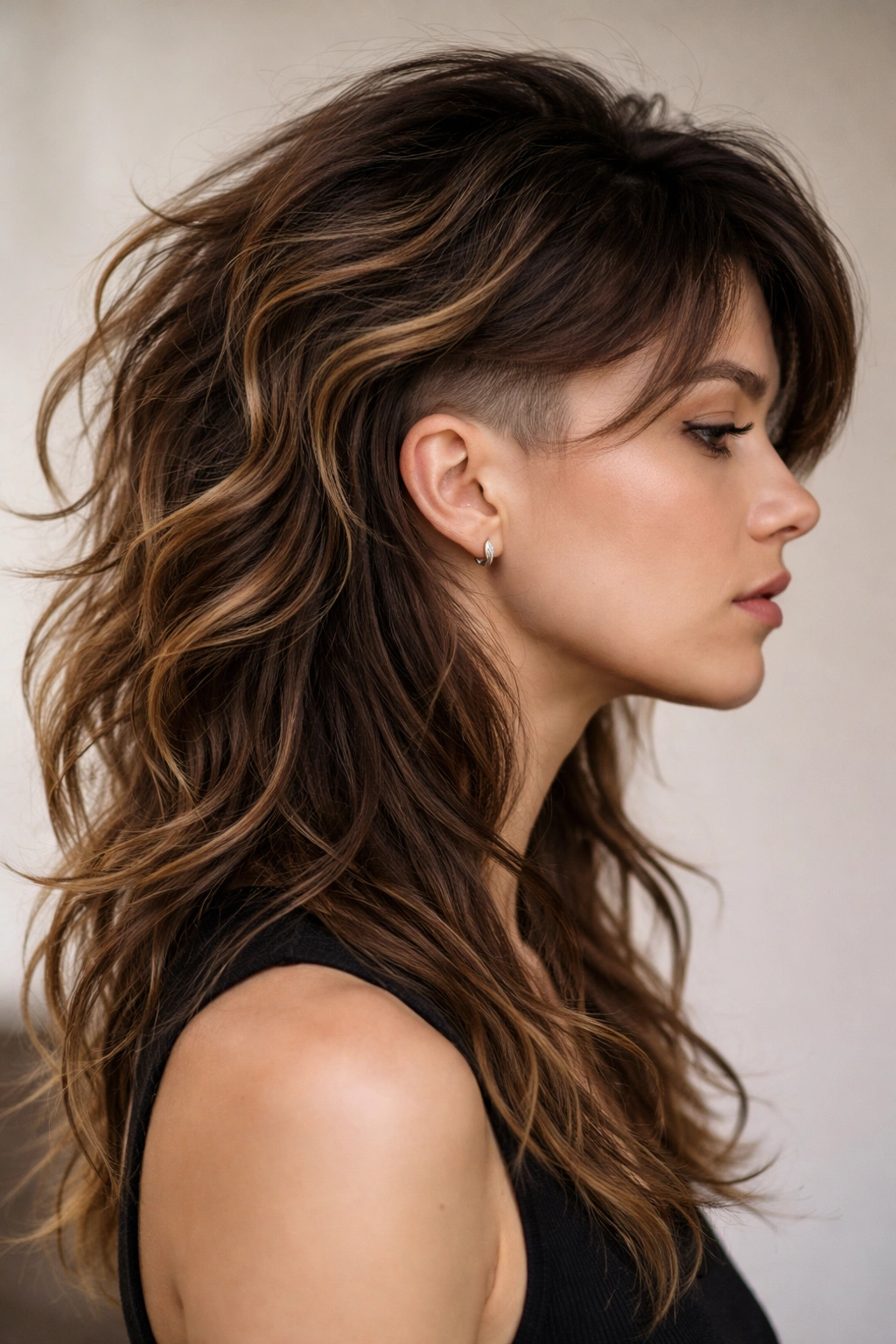 Profile view of wavy hair showing a disconnected undercut and long, textured top.