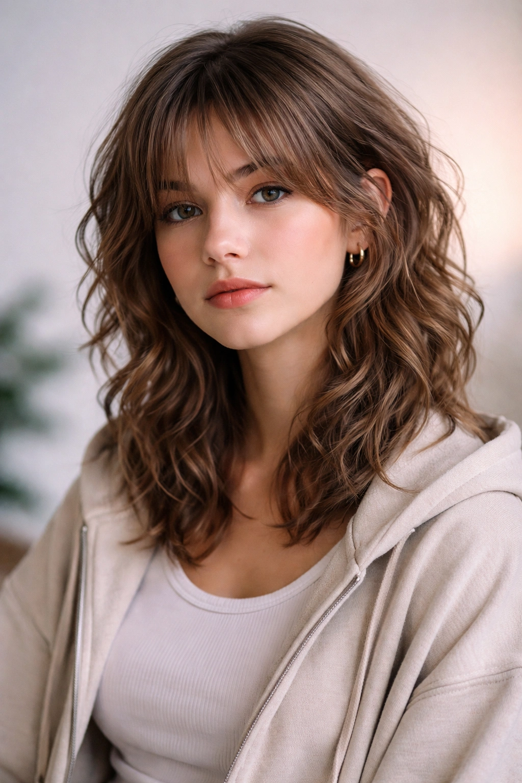 Portrait of a person with a wavy wolf cut hairstyle