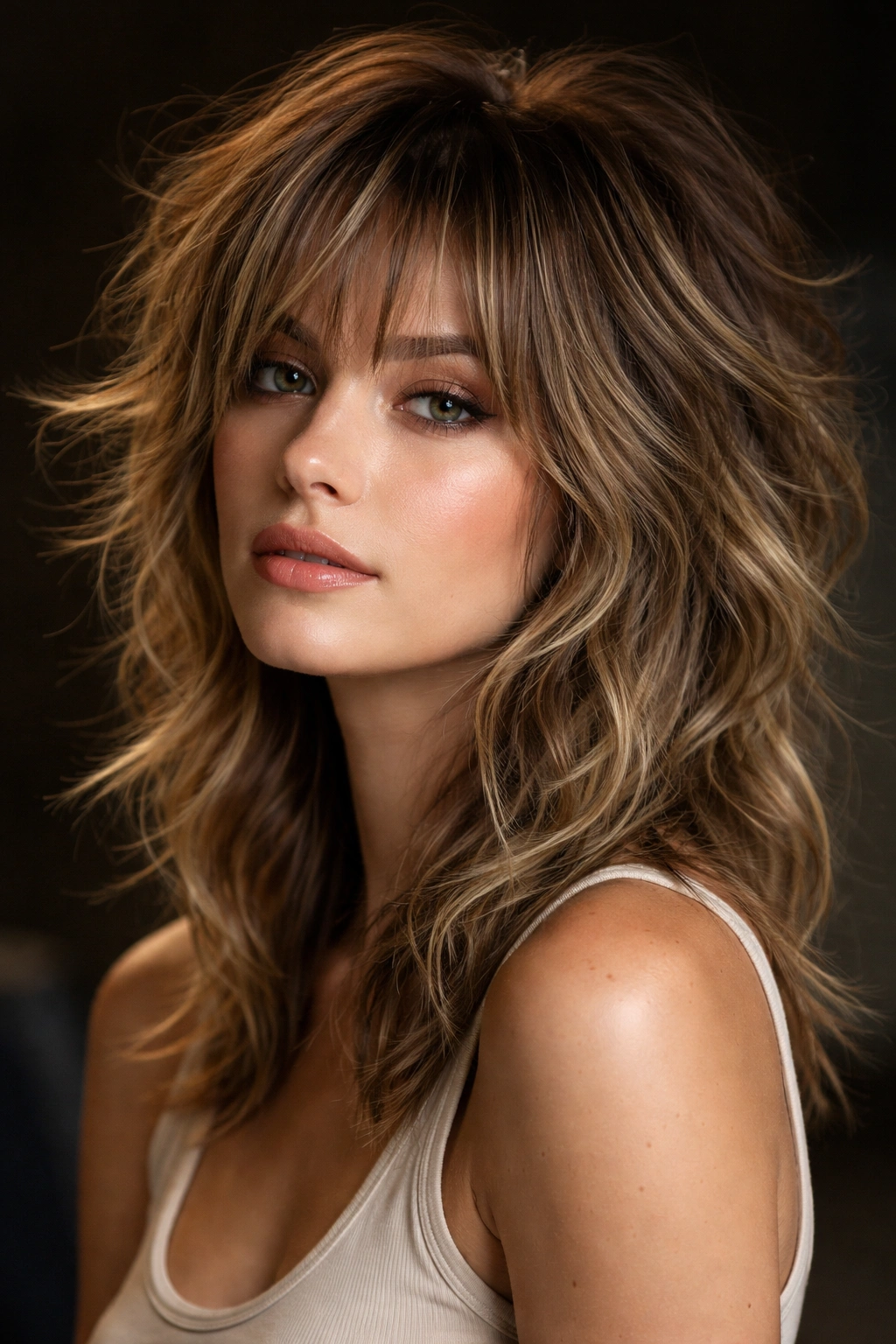 Wolf cut hairstyle with wispy fringe showing layered crown and short sides
