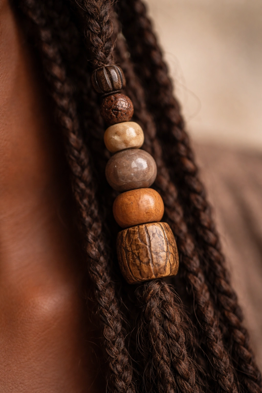 Natural wood and stone beads on a Fulani braid.