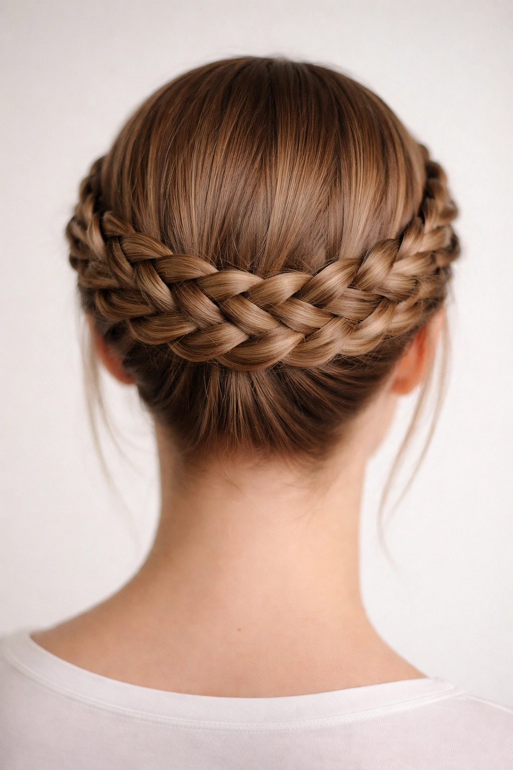 Back view of a woven crown braid encircling the head on straight hair