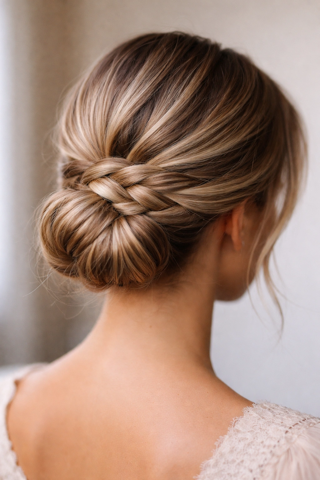 Woven bun texture with interlaced braids visible.
