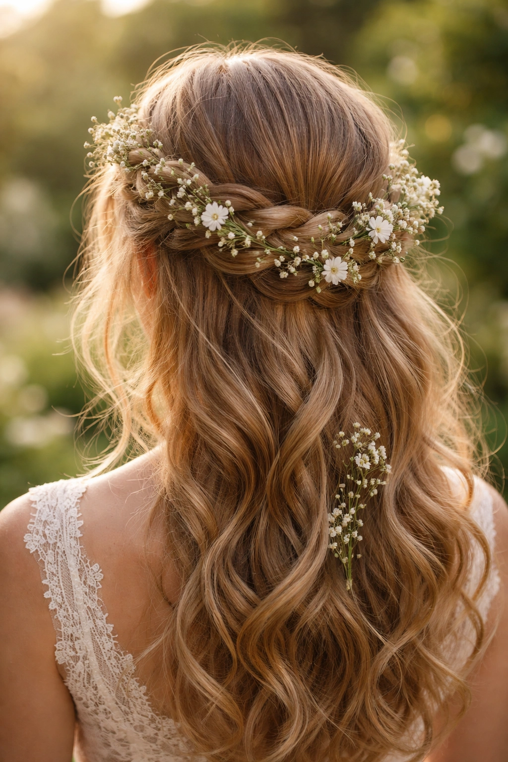Crown braid woven with small white flowers and greenery