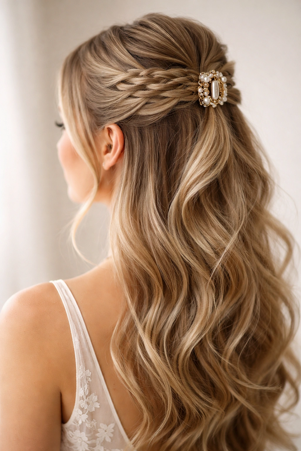 Woven crown section with claw clip securing textured hair