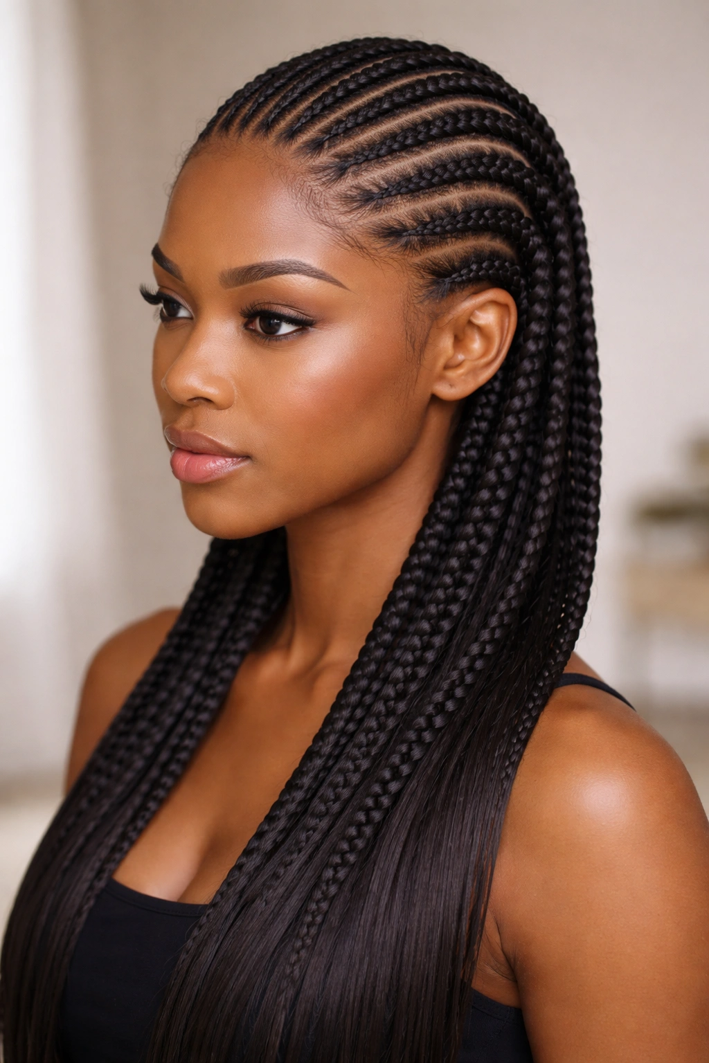 Front view of straight-back cornrows woven with extensions