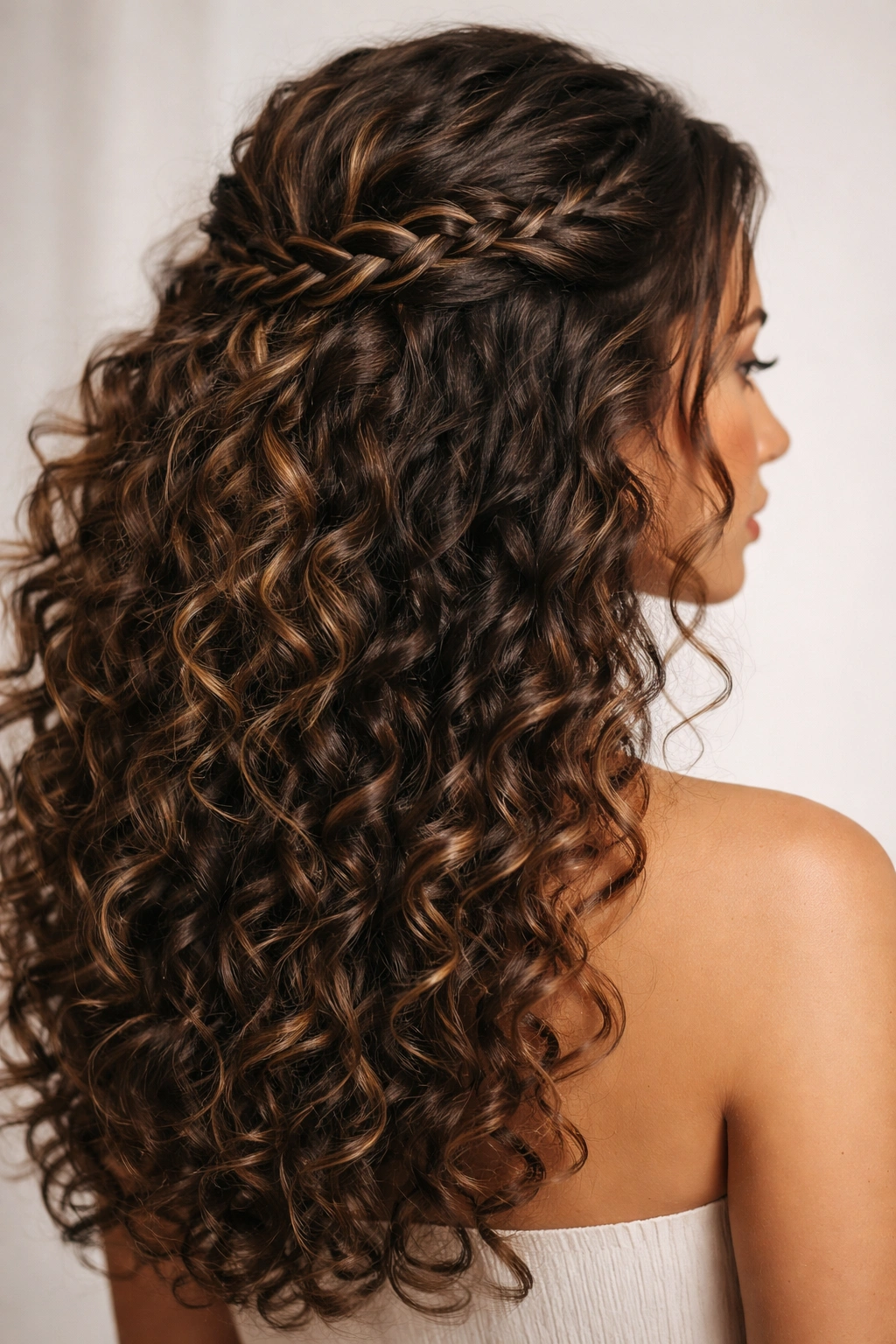 Thin braid weaving through curls on crown with curly hair