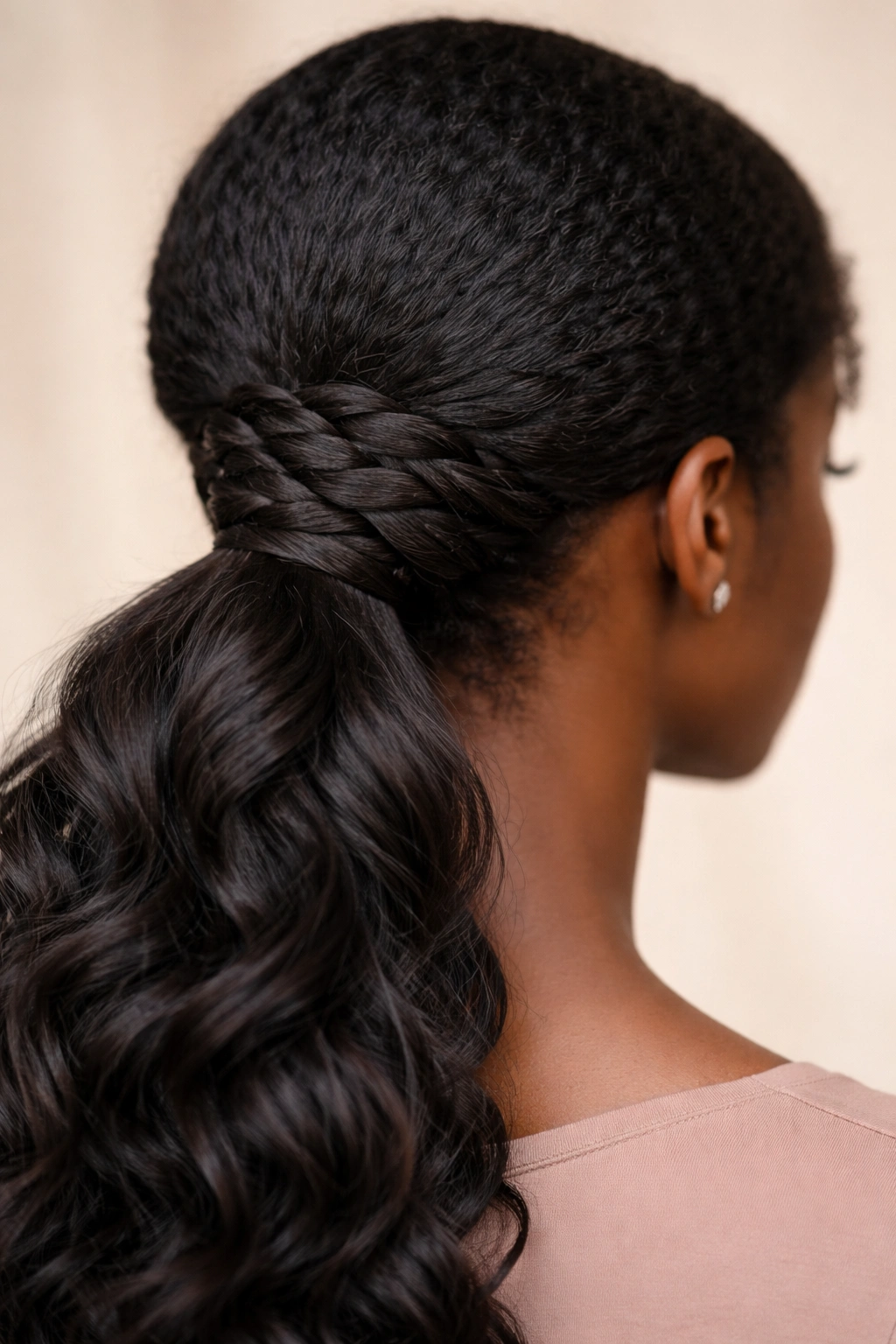 Close-up of woven strands around the base of a low ponytail