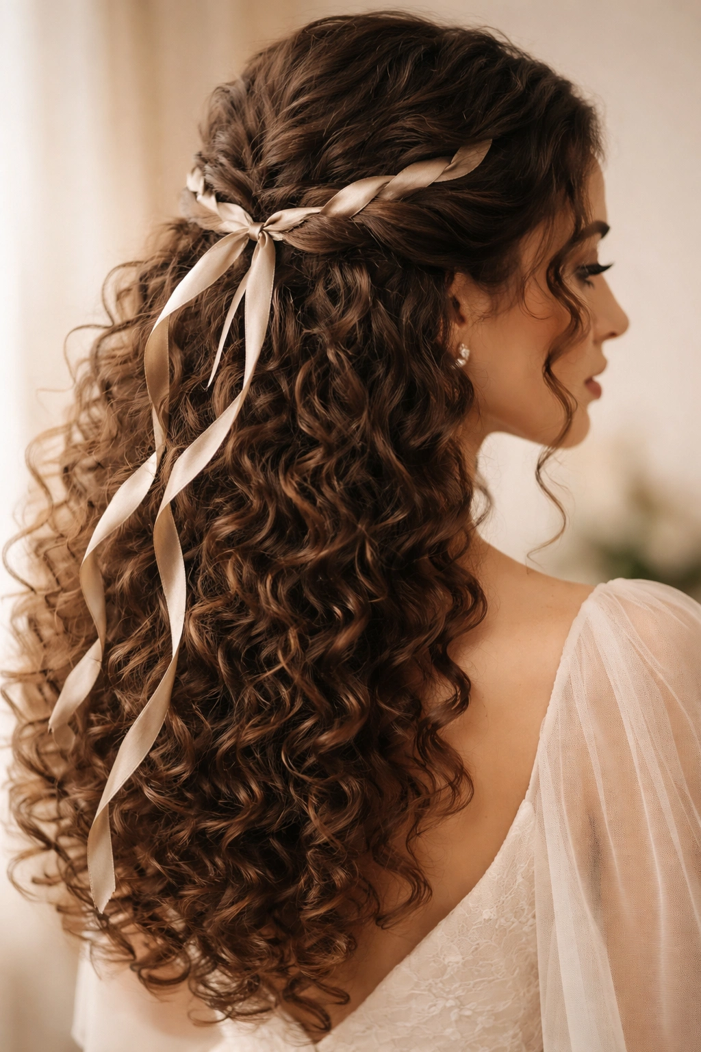 Close-up of half-up hairstyle with woven ribbon in curly hair