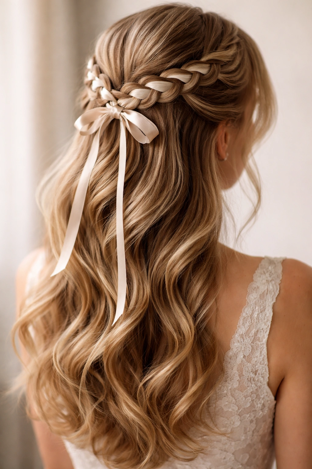 Close-up of a half-up hairstyle with a woven ribbon detail in a braid