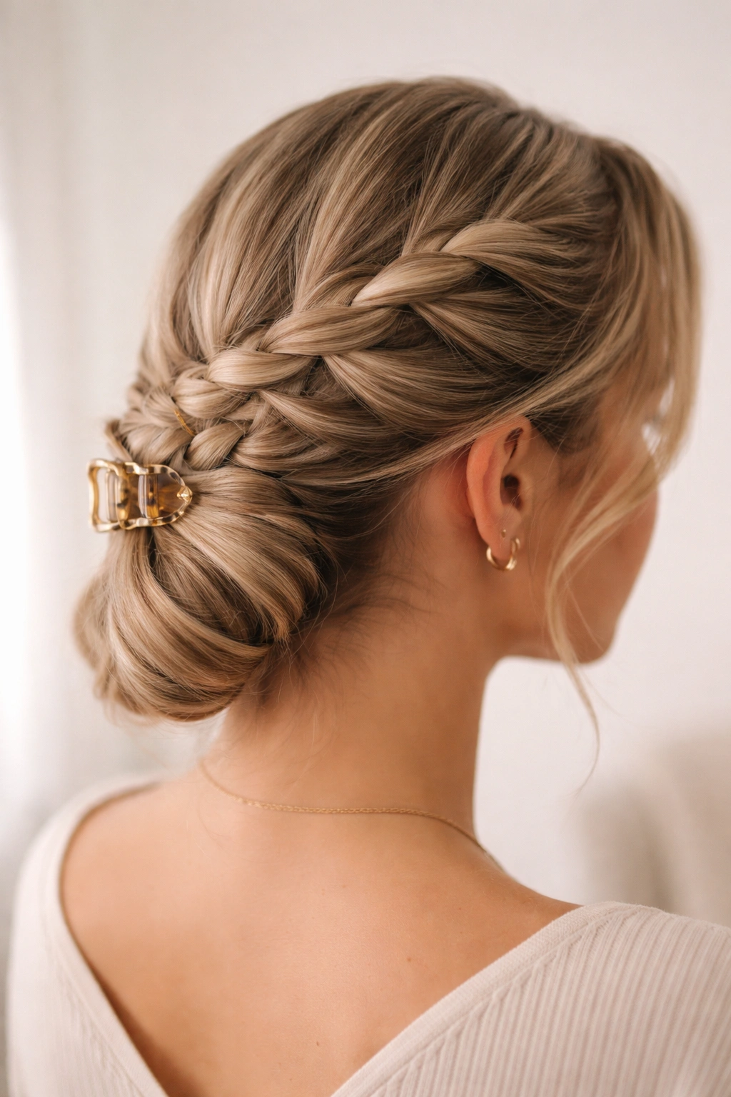 Wrap-around French braid curving across the back of the head with a claw clip