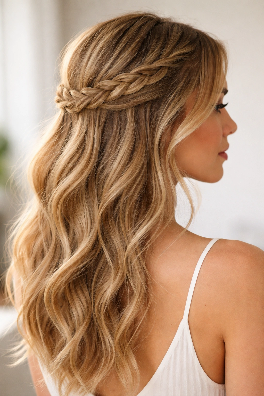 Wrap-around braid half up hairstyle with headband-like braid