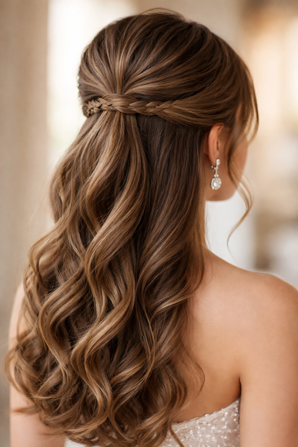 Close-up of The Half-Up with Wrap-Around Braid showing a wrap-around braid around the ponytail base