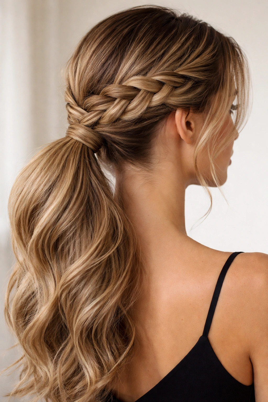 Close-up of wrap-around Dutch braid meeting a low ponytail at the nape