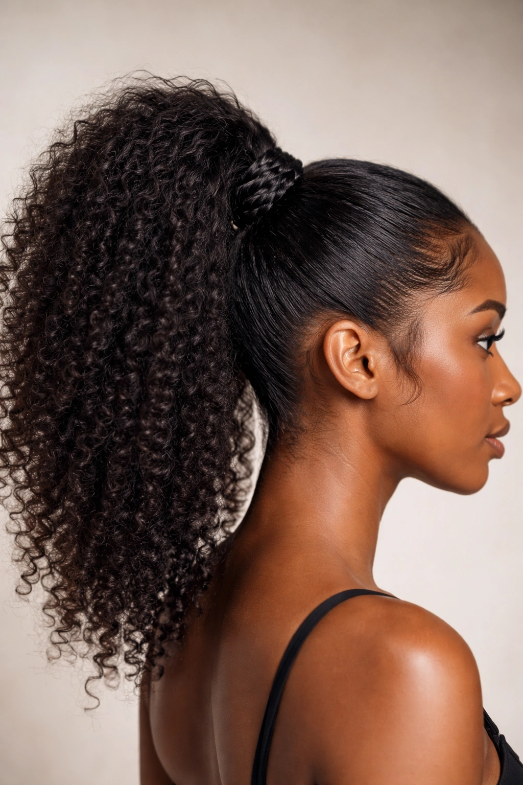 High ponytail featuring a wrap-around braid around the elastic base