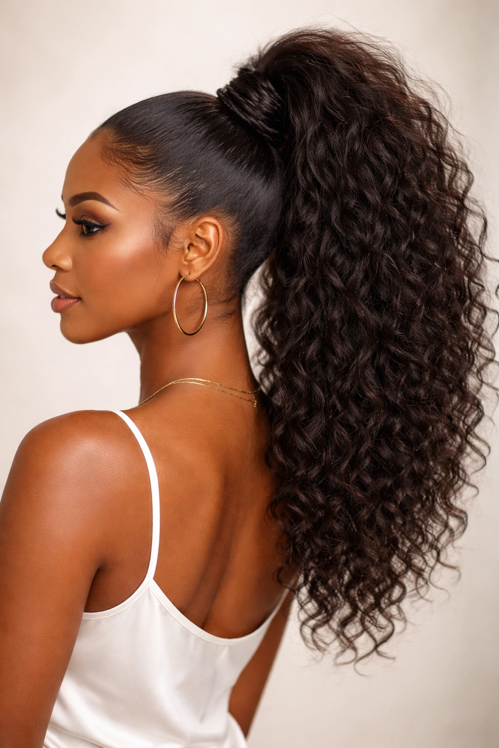 Close-up of a Black woman with a voluminous ponytail and a wrap-around braid at the base