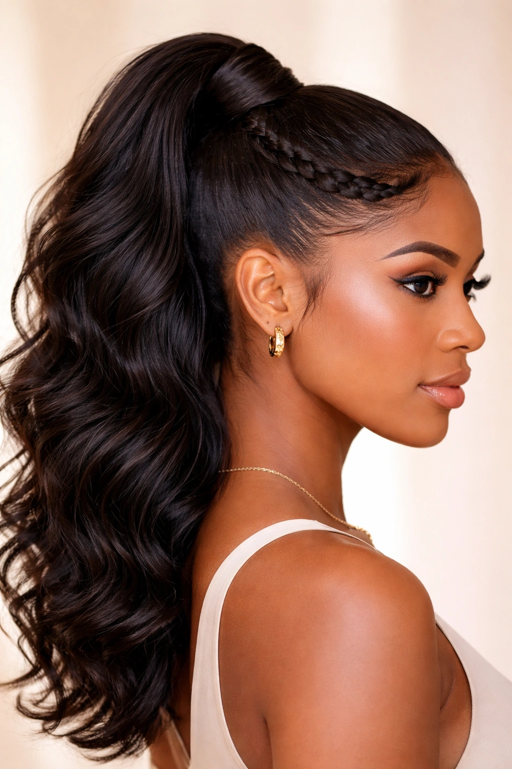 High ponytail with wrap-around flat braid around the base
