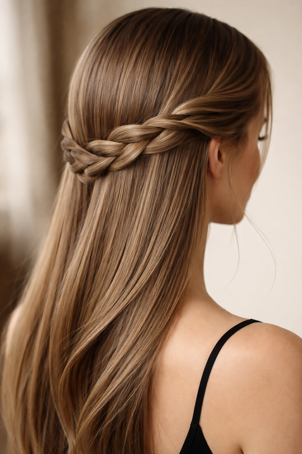 Low wrap-around braid woven through straight hair forming a refined silhouette