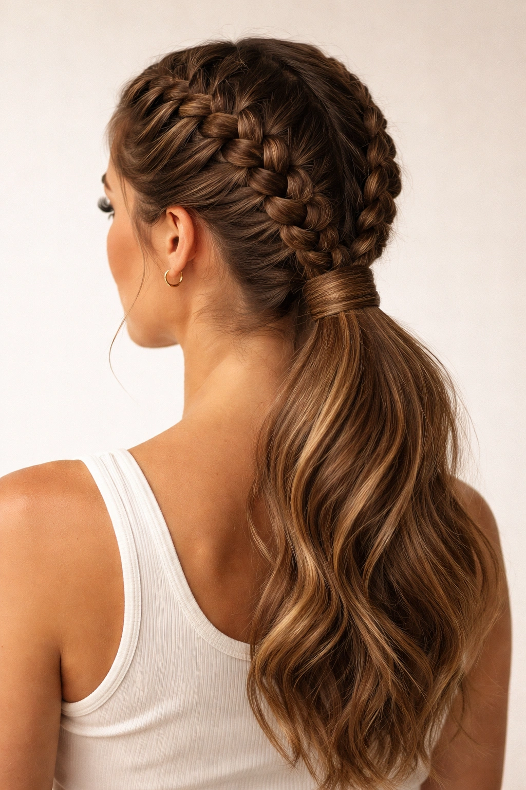 Double Dutch braids with wrap-around finish concealing the elastic