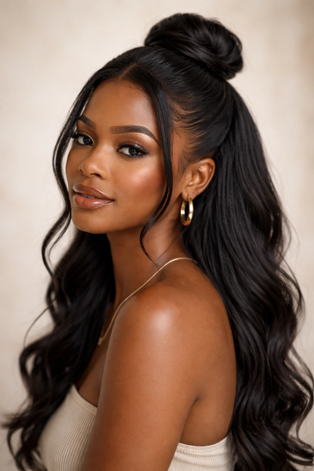Wrap-around bun half-up hairstyle on a Black woman