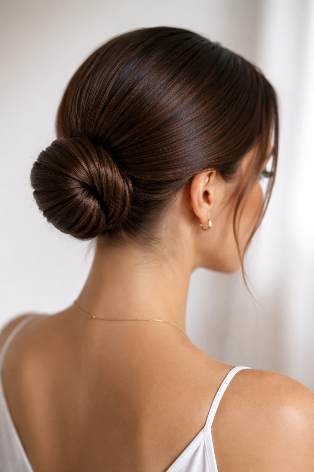 Sleek wrap-around bun at the nape of the neck on straight hair