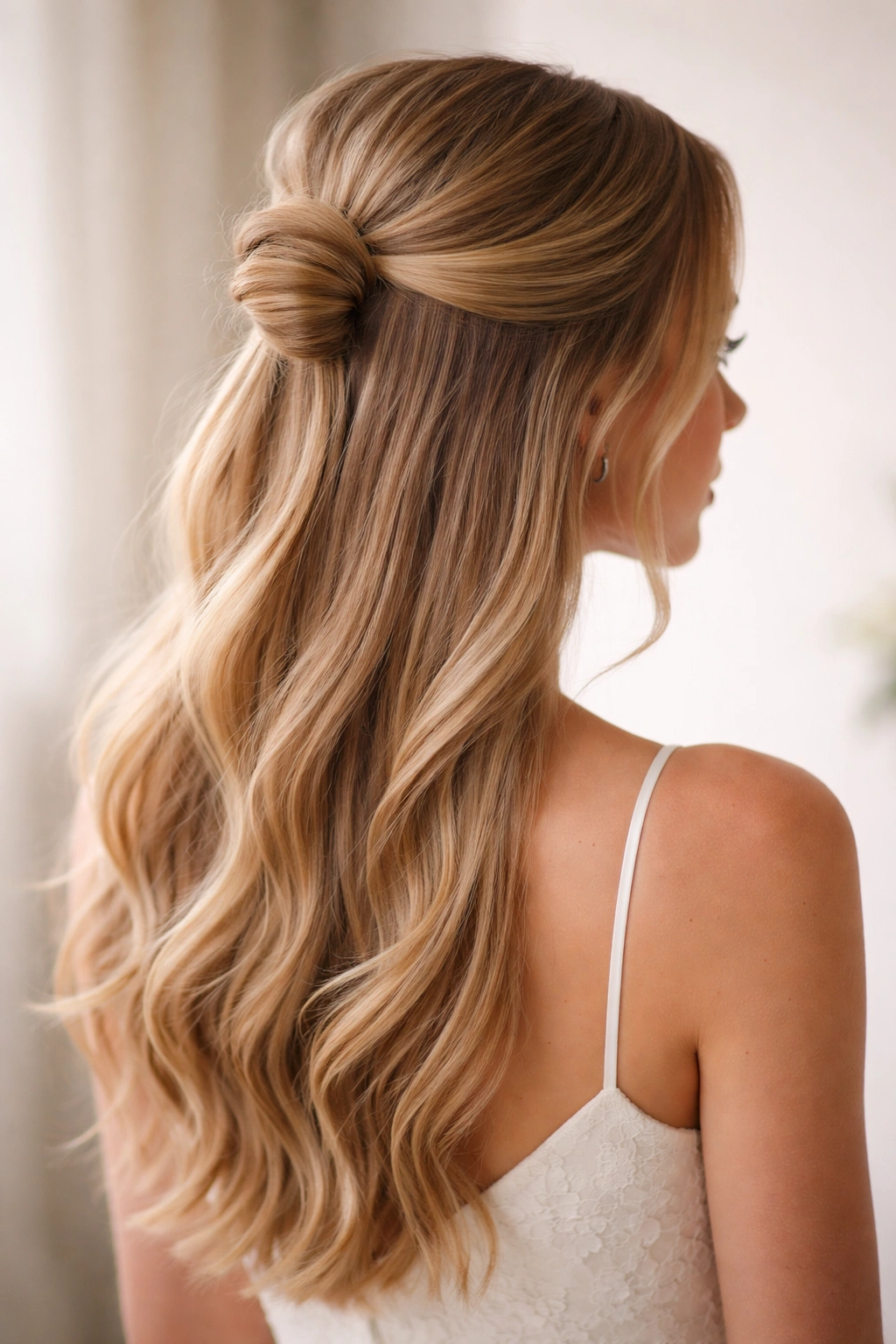 Close-up of The Sleek Wrap-Around Half-Bun hairstyle with a twisted crown and smooth flowing hair