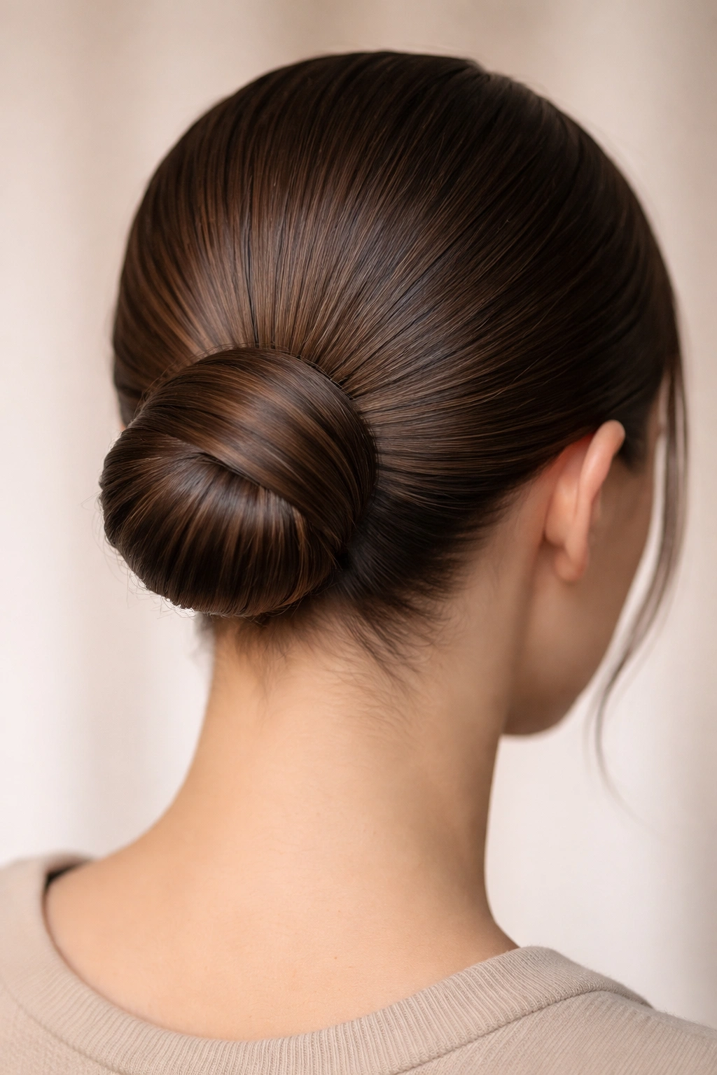 Close-up of a wrap-around bun on straight hair showing a flat wrapped band around the base