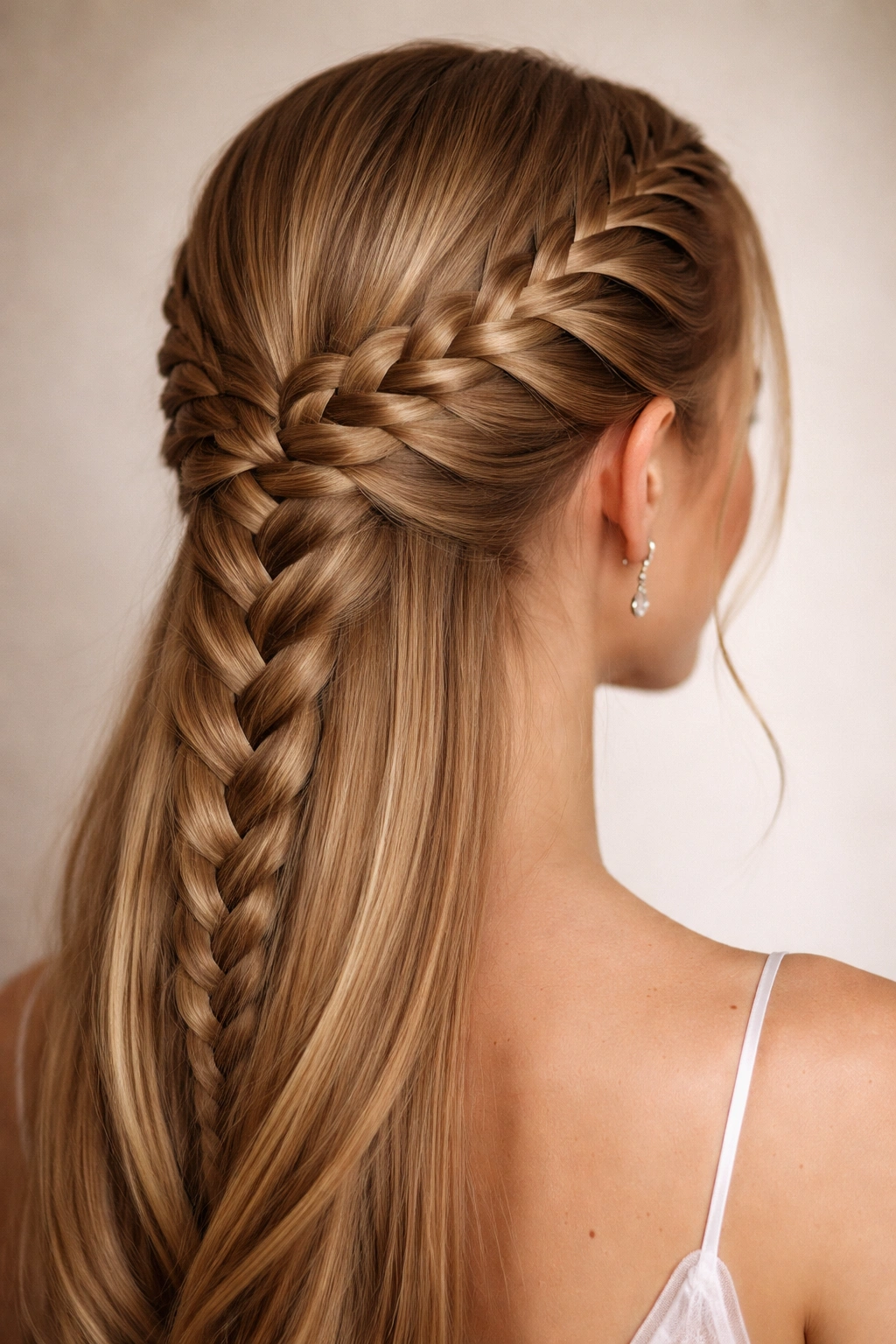 Wrap-around Dutch braid forming crown across the back of the head