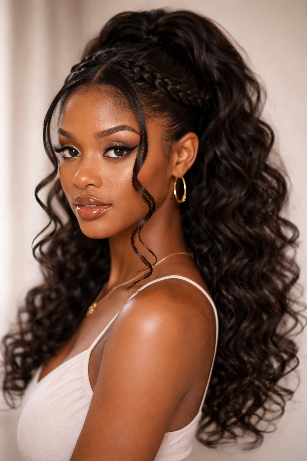 Wrap-around half-up with face-framing curls