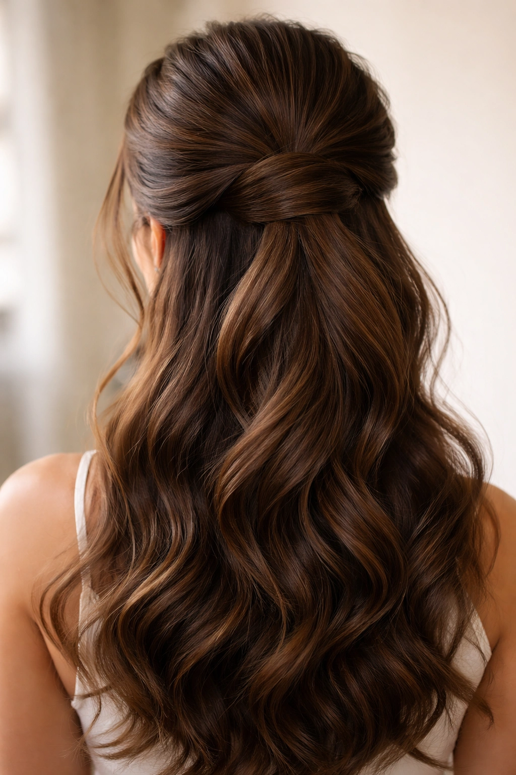 Close-up of thick hair in a wrap-around half-up, polished and voluminous